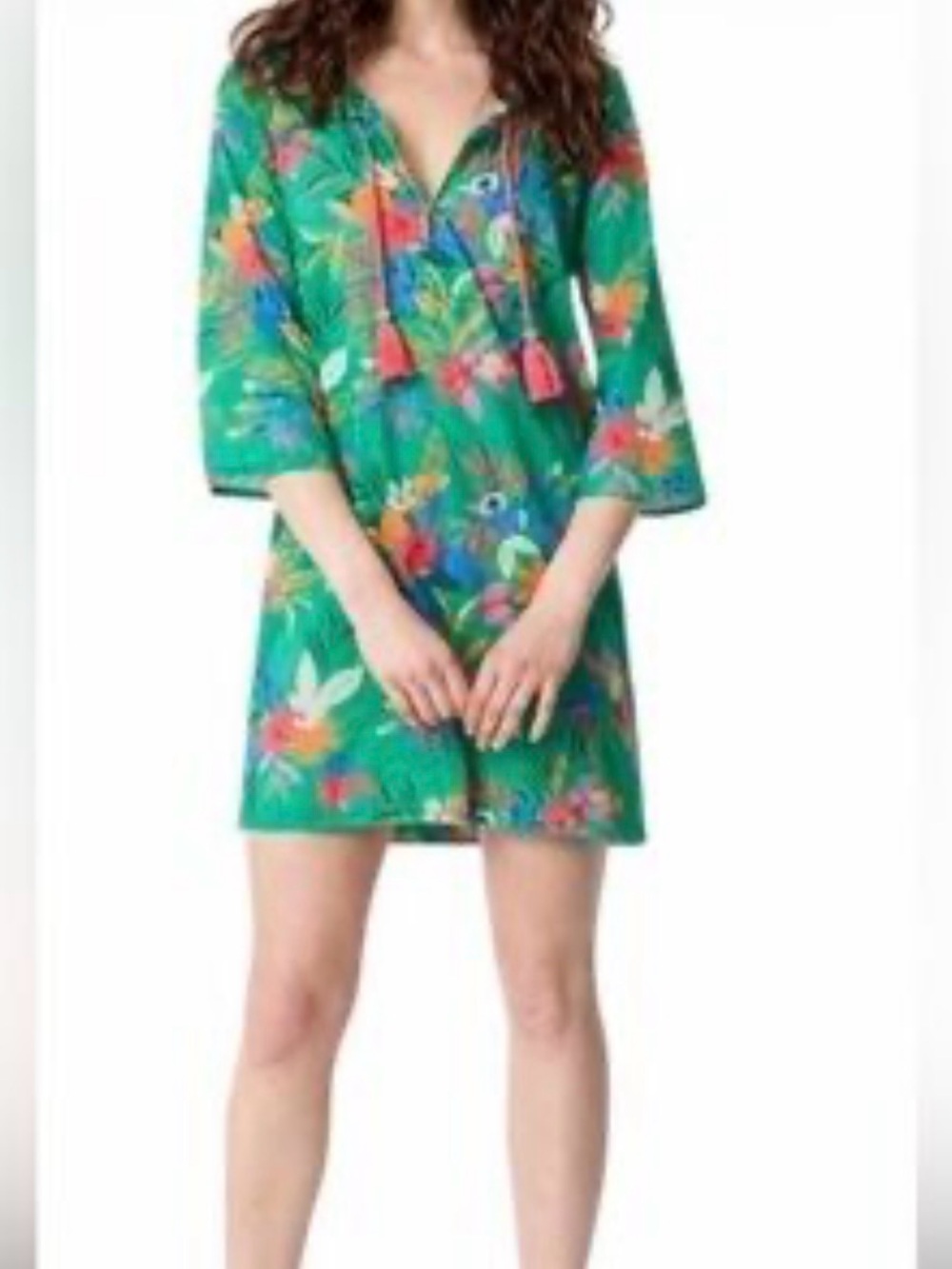 J. Crew Green Floral Mini Dress with Pink Tassels - 100% Cotton Pool Coverup XL